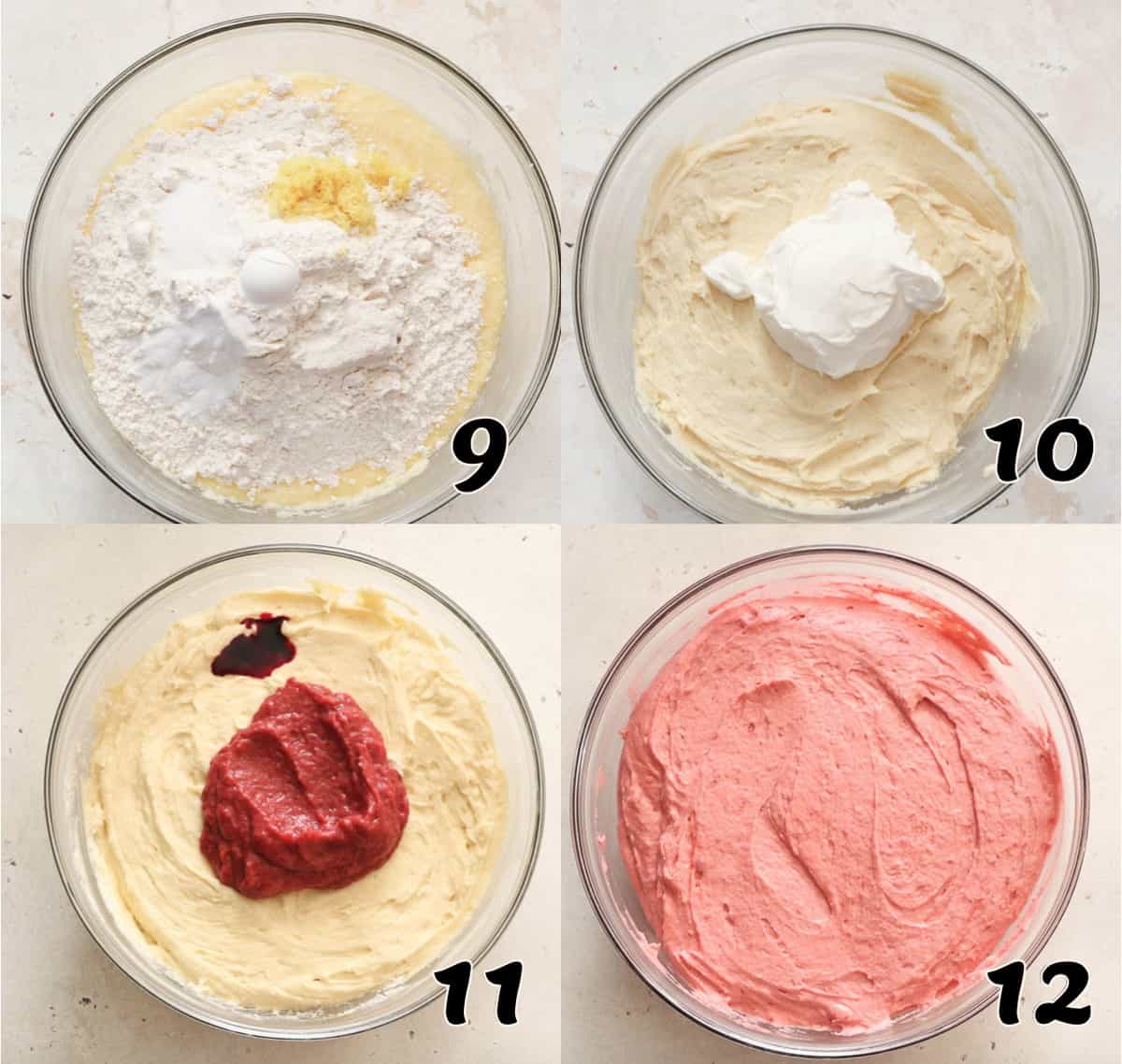 Adding the dry ingredients, sour cream, and strawberry puree, then mix