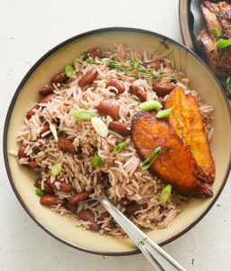 carribean rice and peans with fried plantains on the side