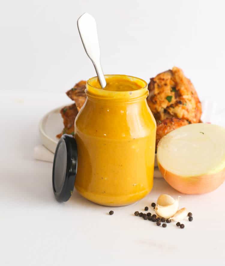 Mustard BBQ Sauce with Spoon in Jar