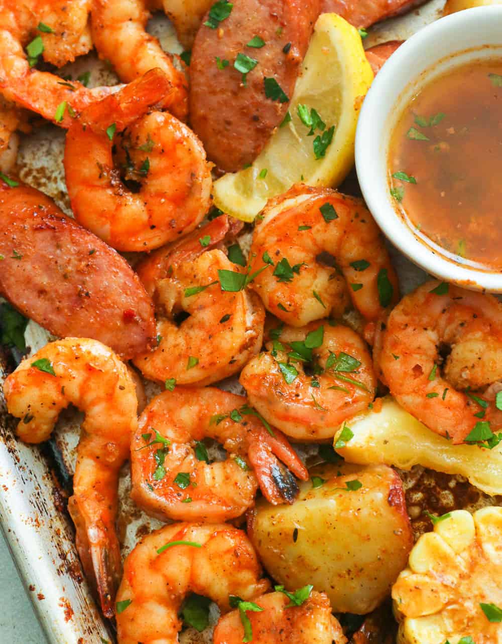 A close up shot of Cajun shrimp boil with Creole Butter sauce 