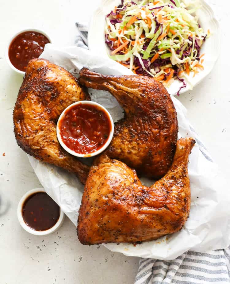 Three chichen leg quarters with dips