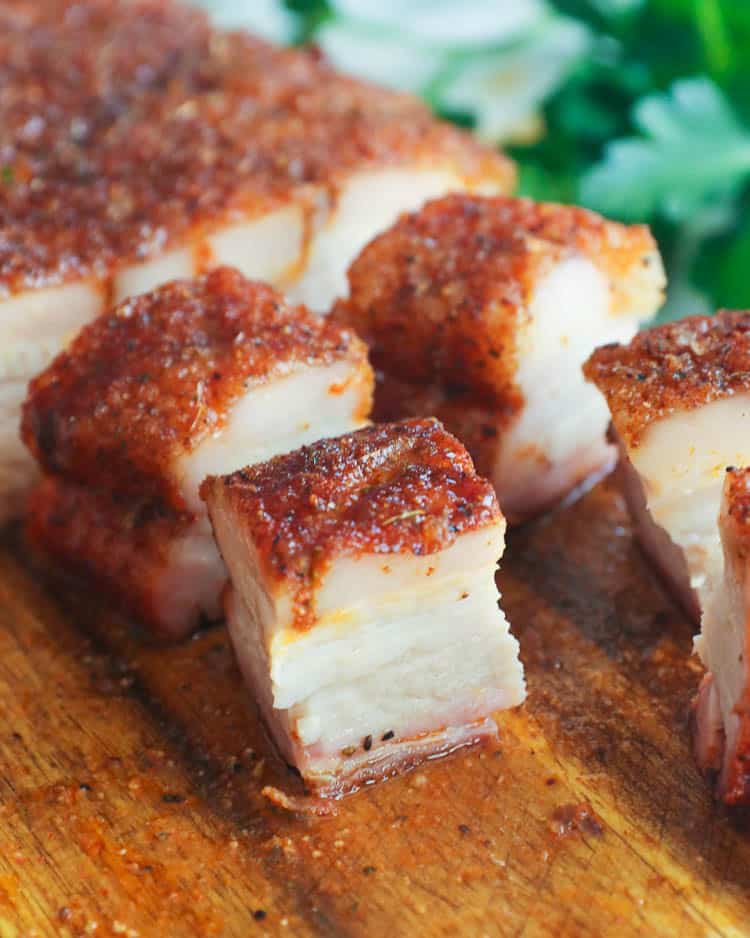 cubed cross cut of smoked pork belly