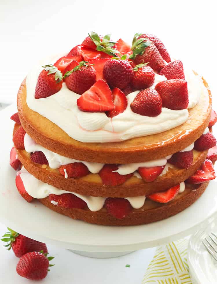 3-layer Strawberry Shortcake on a cake stand