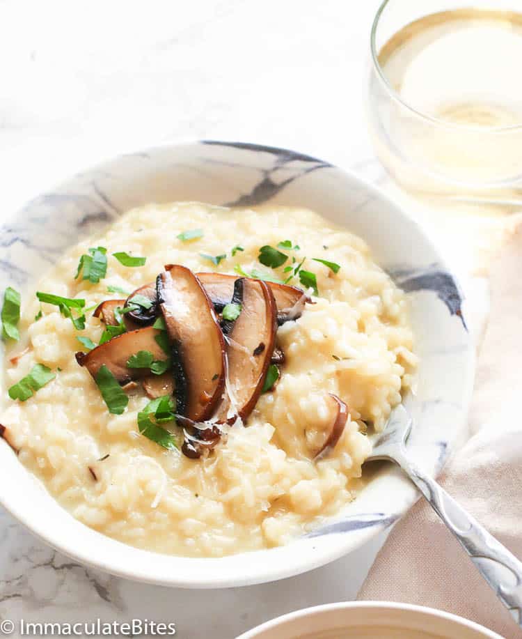 Mushroom Risotto in white bowl