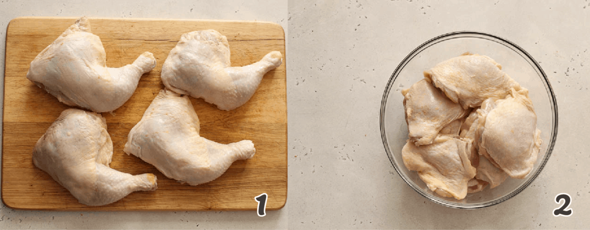 Chicken quarters on a chopping board 