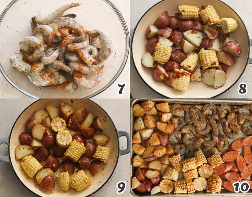 Coating the shrimp, corn, potatoes, and sausages with Creole butter sauce