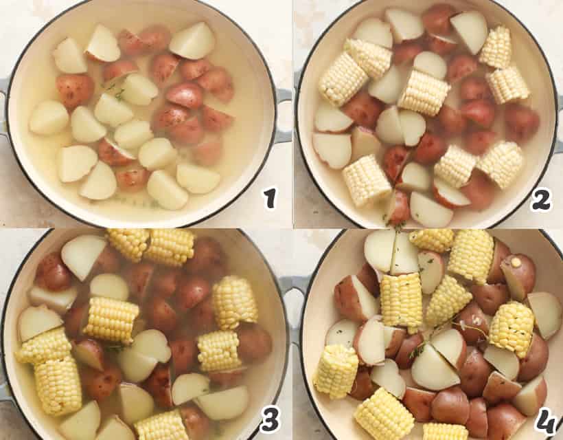 Boiling red potatoes and corn