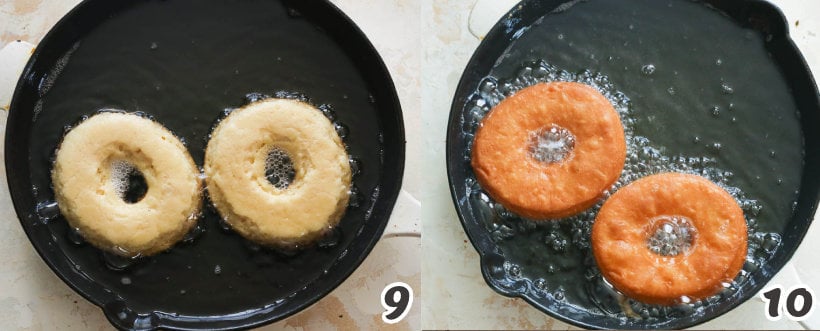 Frying 2 pieces of old-fashioned doughnuts in a black skillet 