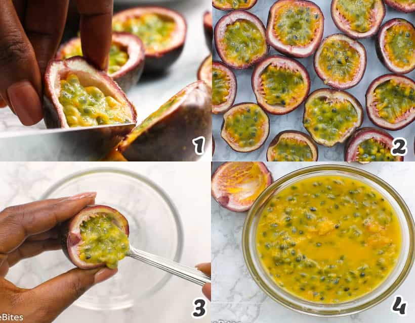 Getting out the pulp, seeds, and juice from passion fruit