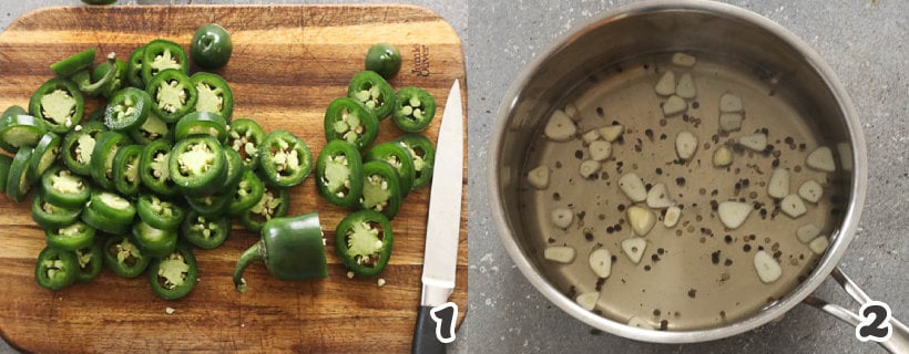 Sliced jalapeno peppers and pickling liquid