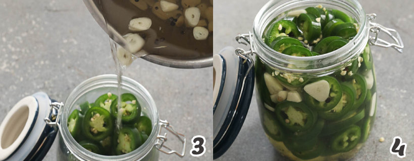 Transferring the sliced jalapeno peppers and pickling liquid into the jar