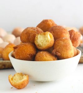 Donut Holes in a White Bowl