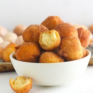 Donut Holes in a White Bowl