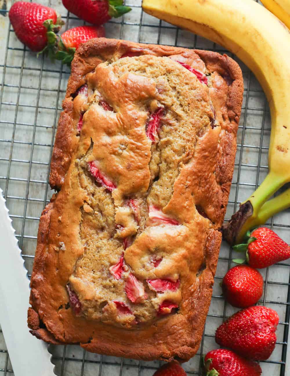 Strawberry Banana Bread on a Cooling Rack