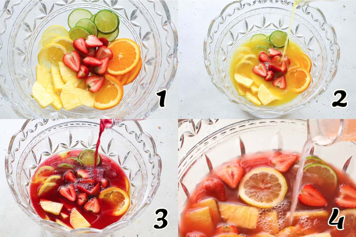 Add the fruit, the alcohol, and the soda