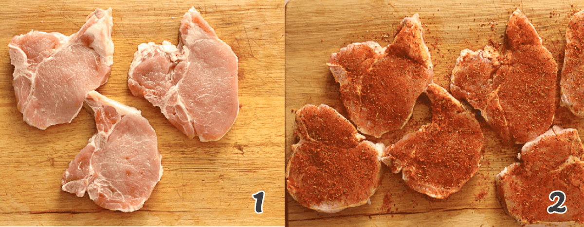 seasoning pork chops on a wooden chopping board