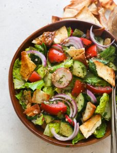 Fattoush Salad in a brown bowl