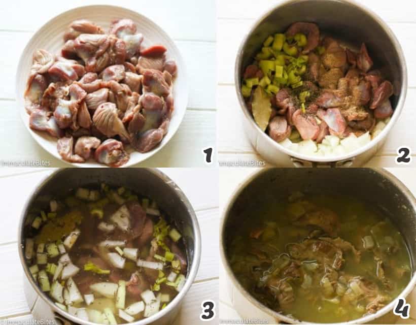 Étapes 1 à 4 de la cuisson du gésier de poulet frit