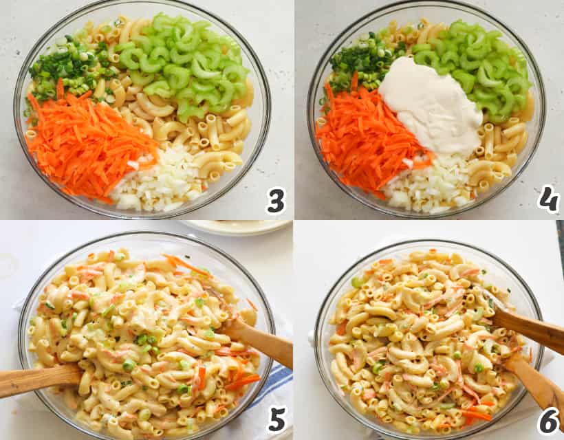 Mixing all the ingredients for Hawaiian Macaroni Salad