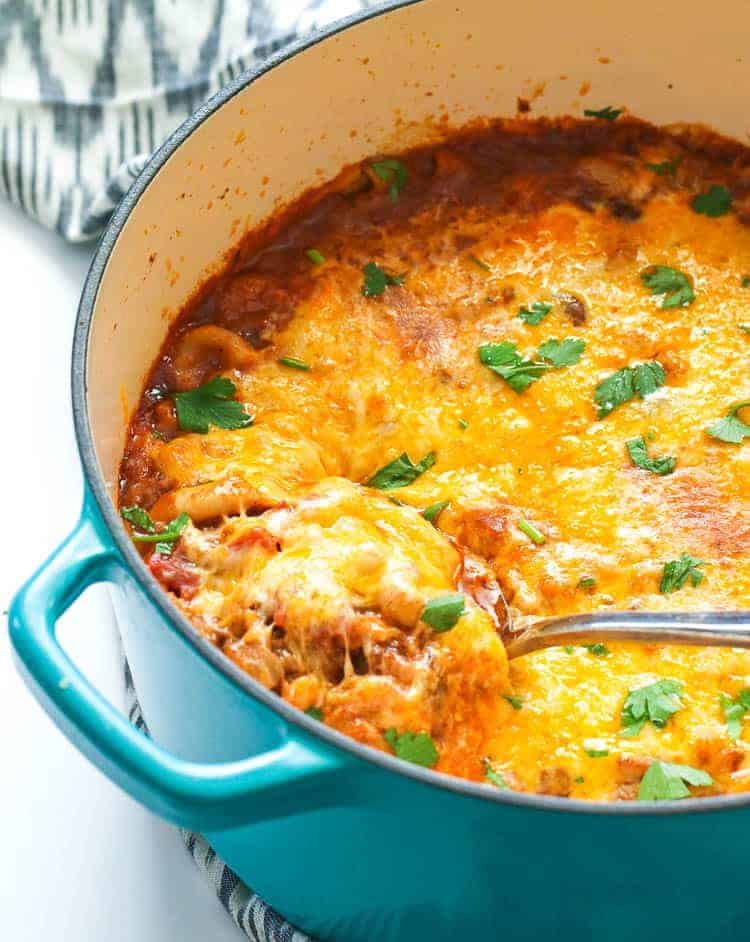 One Pot Chili Mac in a blue pot
