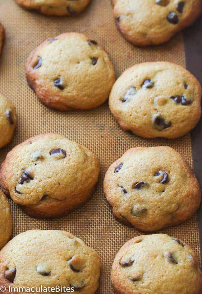 Chocolate chip cookies on a pan