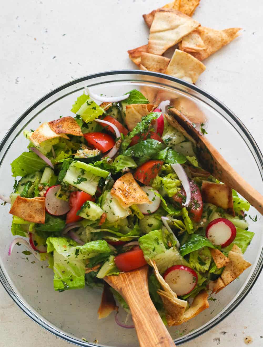 Fattoush Salad in a Clear Bowl