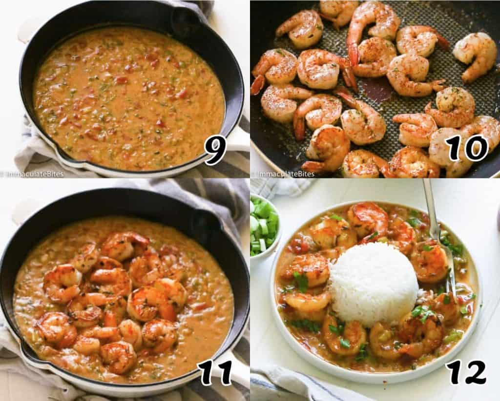 Instructions 9-12 The final stretch in making shrimp etouffee with shrimp sauce and white rice.