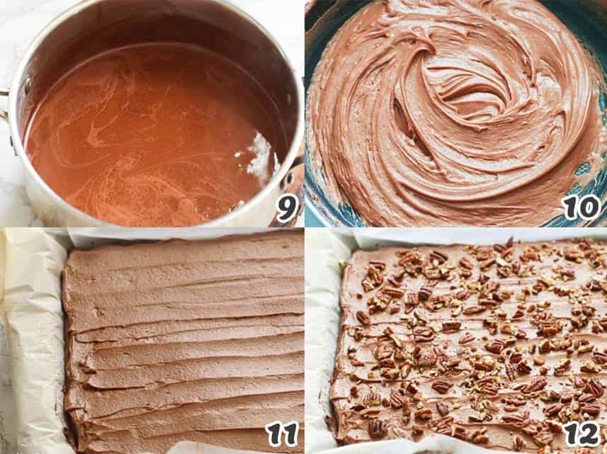 Chocolate Frosting and topping the sheet cake with chopped Pecan nuts 