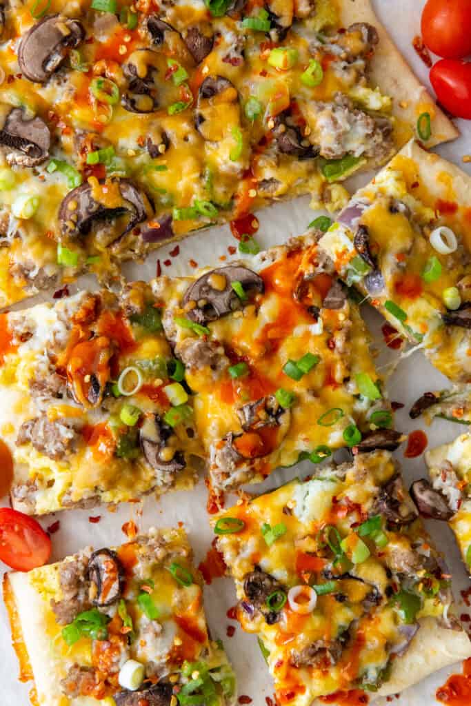 Breakfast pizza with sausage