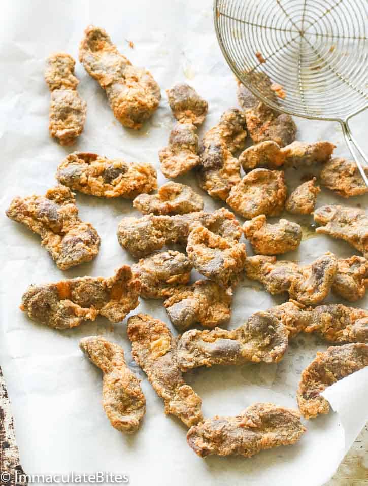 Fried chicken gizzards on a paper towel