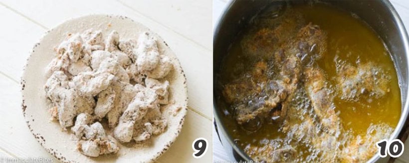 Frying chicken gizzards coated in flour mixture