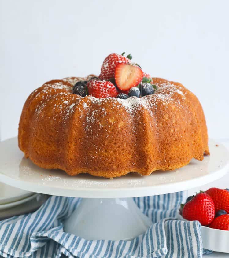 Sour Cream Pound Cake on a cake stand