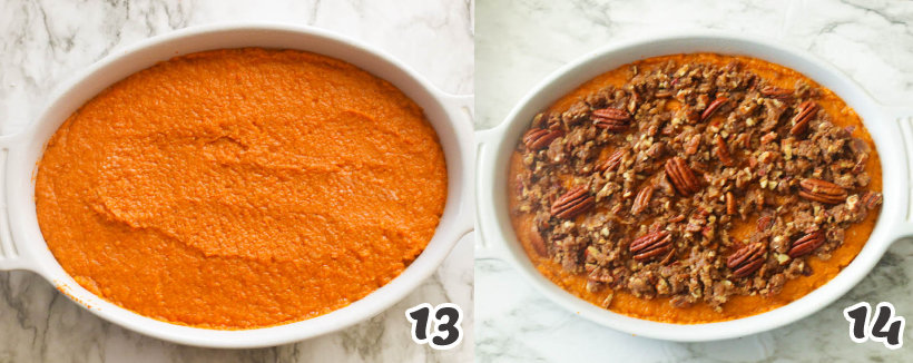 Assembling sweet potato casserole with pecans