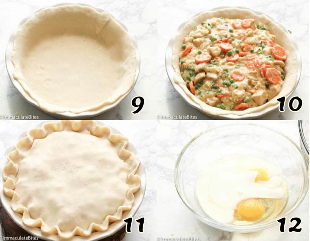 Transferring cooked chicken pot pie into prepared crust