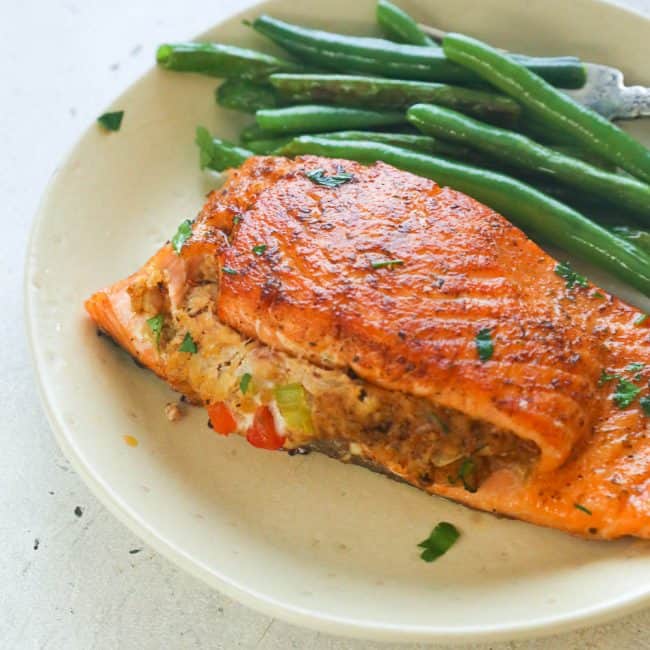 Crab-Stuffed Salmon with green beans