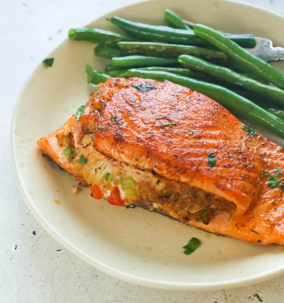 Crab-Stuffed Salmon with green beans