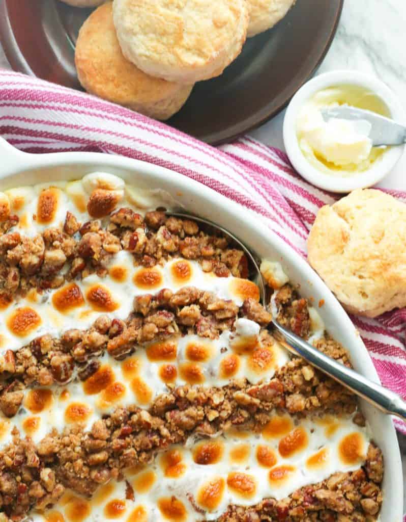 Sweet Potato Casserole with Marshmallows Paired with Biscuits