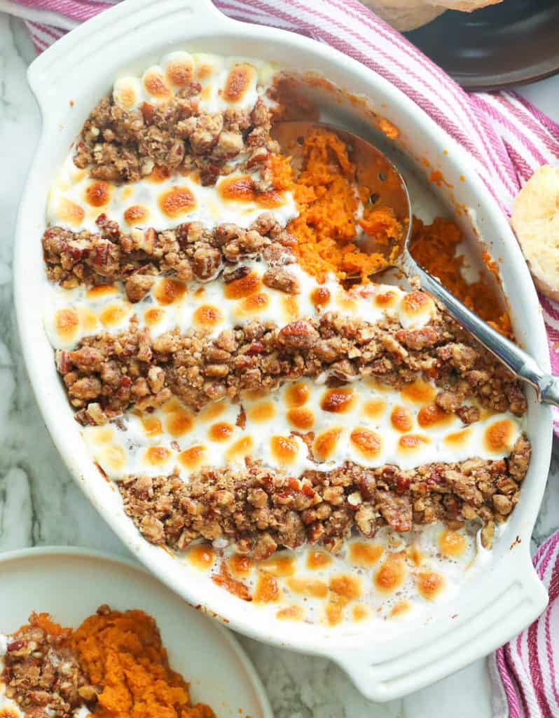 Sweet Potato Casserole with Pecans and Marshmallows