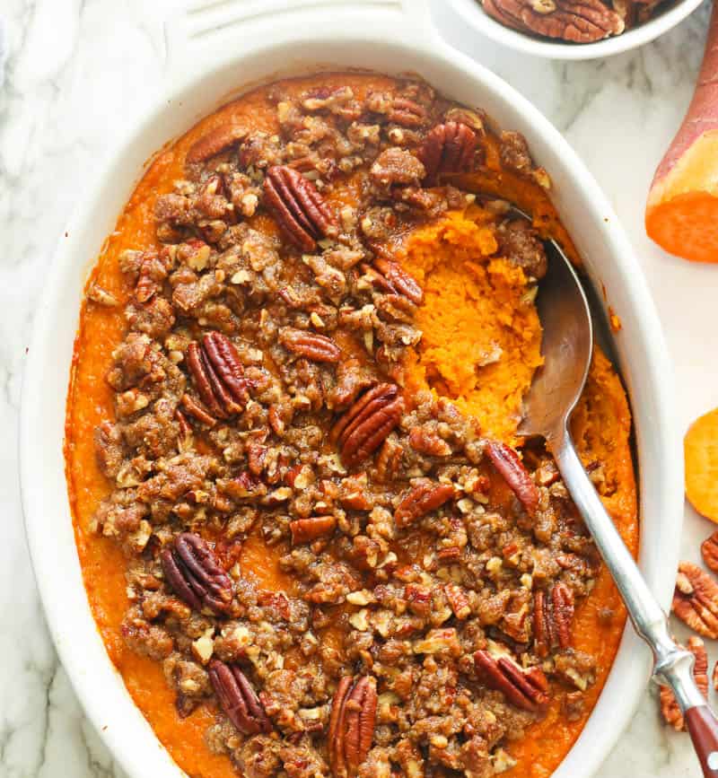 Sweet Potato Casserole topped with Pecans
