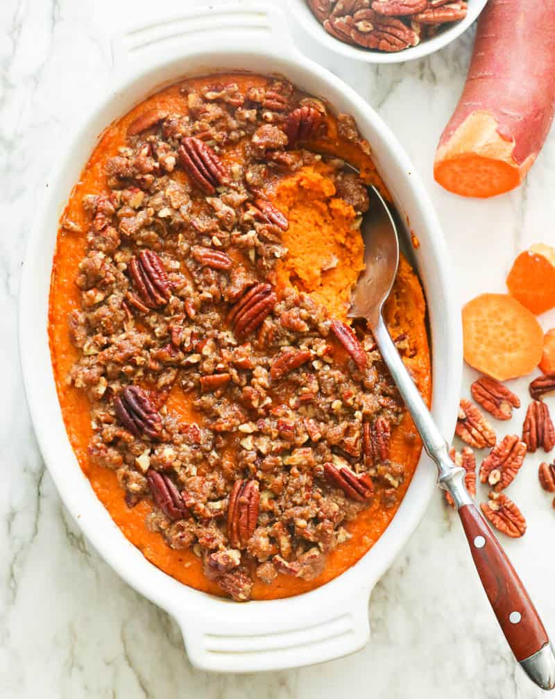 Sweet Potato Casserole topped with Pecans