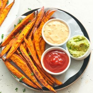 Cajun Baked Sweet Potato Fries with sauces