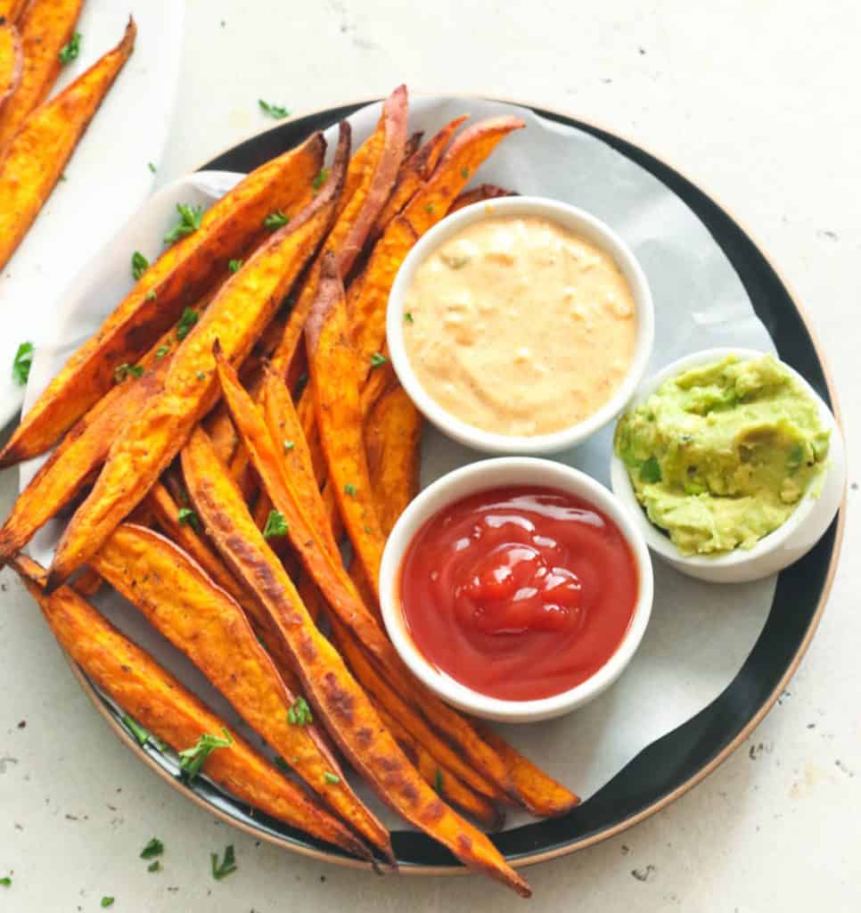 Cajun Baked Sweet Potato Fries with sauces