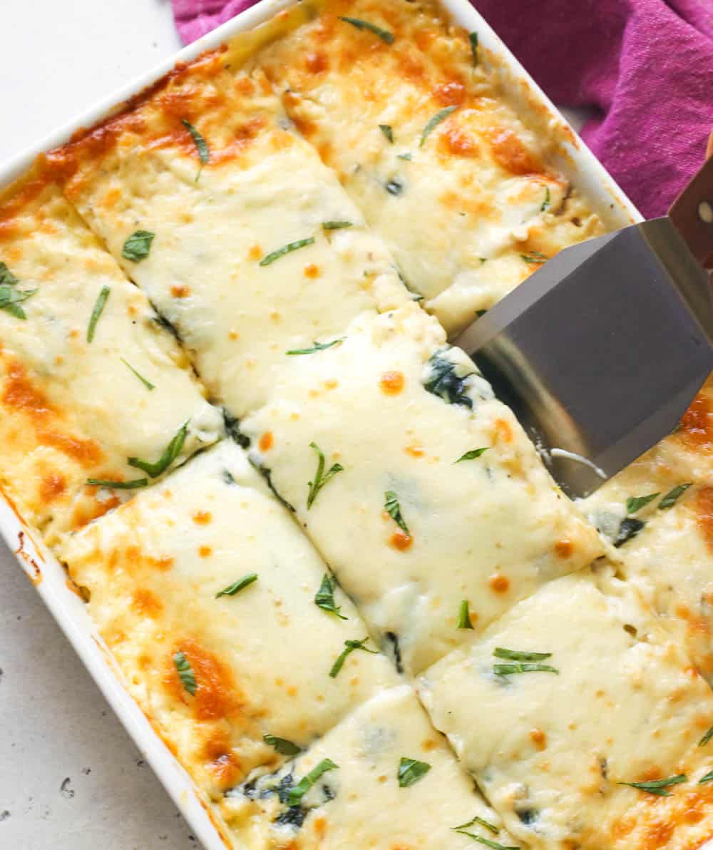 Delicious baked chicken lasagna in a baking dish