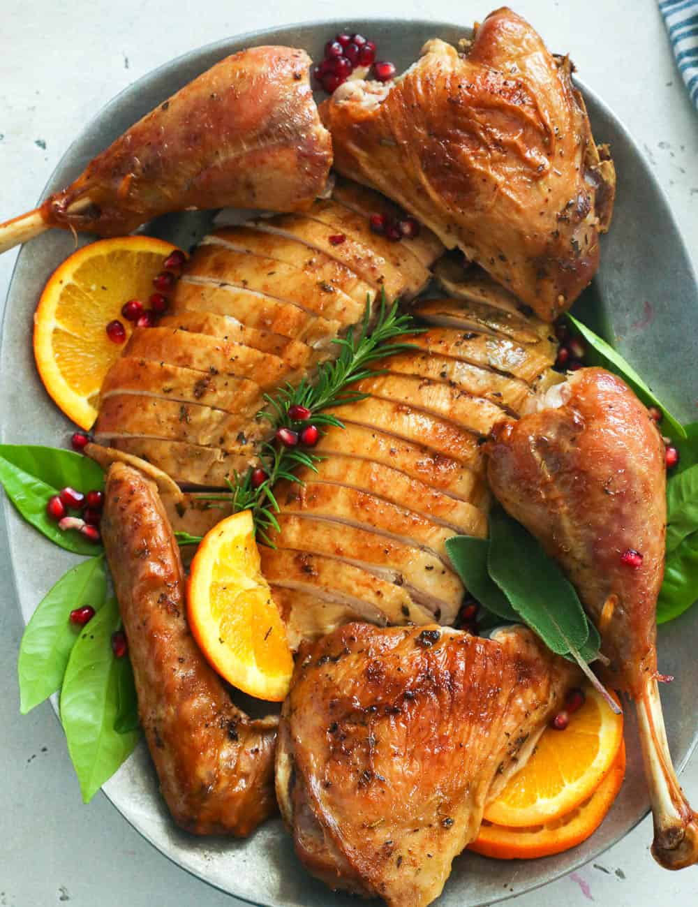 Baked Spatchcocked Turkey Sliced on platter