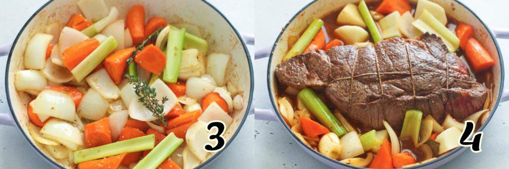 Add the vegetables to the pot, return the chuck, and braise.