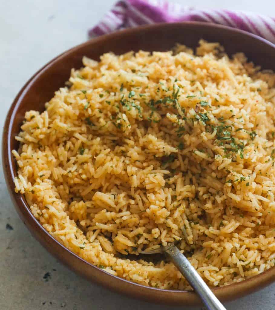 Seasoned Rice in a Brown Bowl