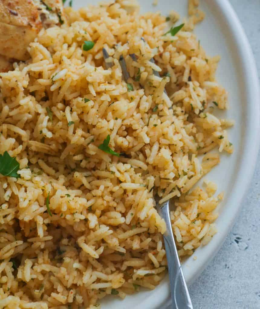 Seasoned Rice in a White Plate