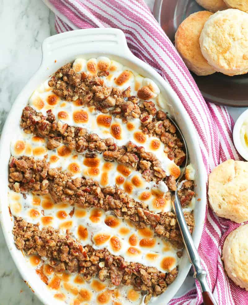 Freshly baked sweet potato casserole topped with toasted marshmallows.
