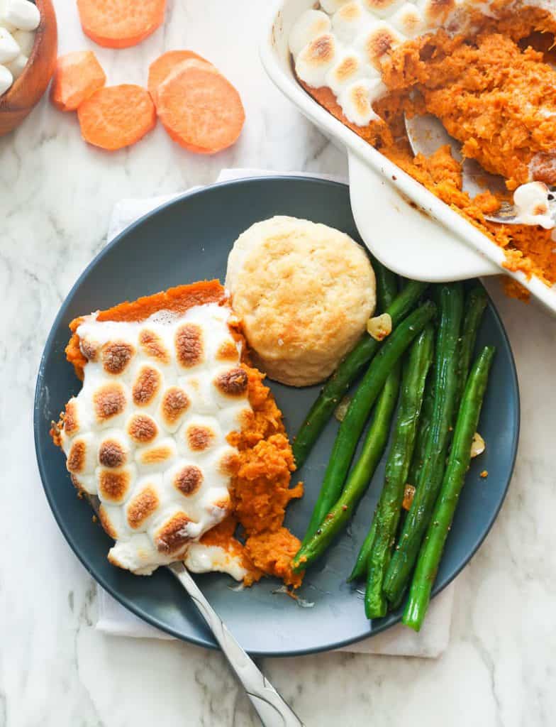 Sweet Potatoe Casserole with Marshmallows and biscuits and green beans