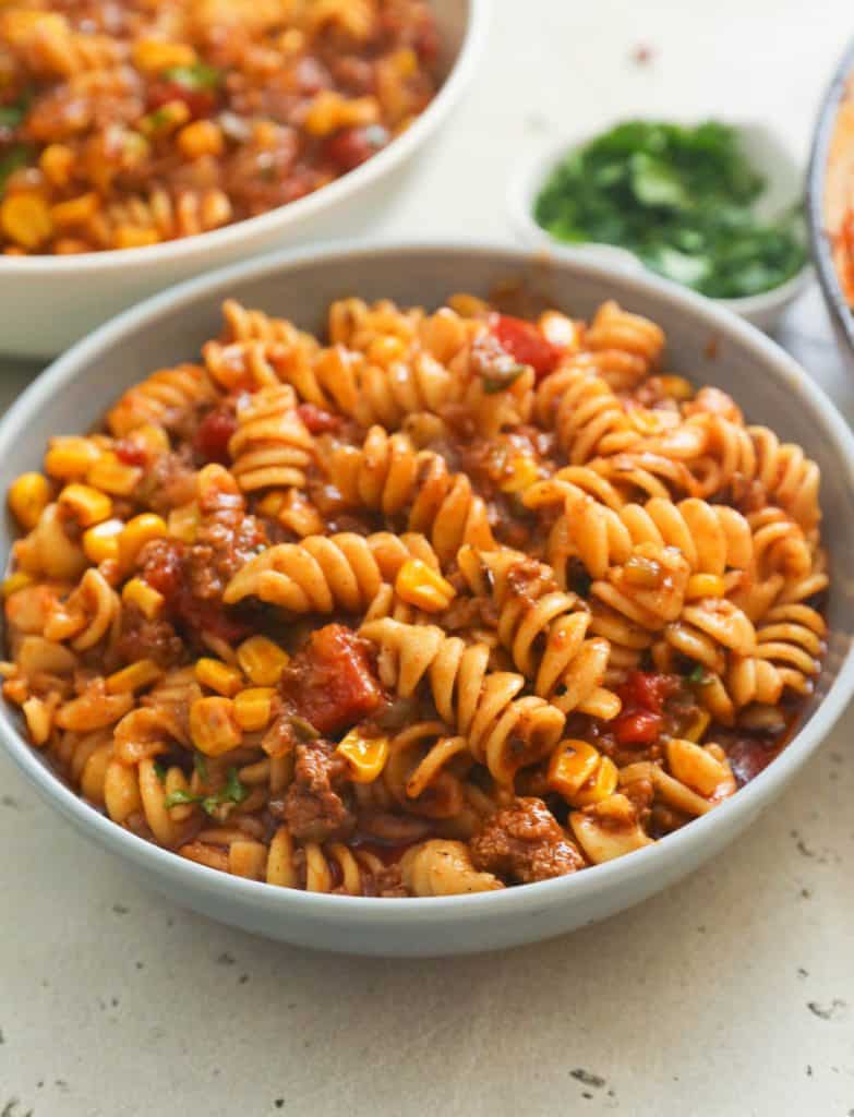 A Bowl of Saucy Meaty Taco Pasta